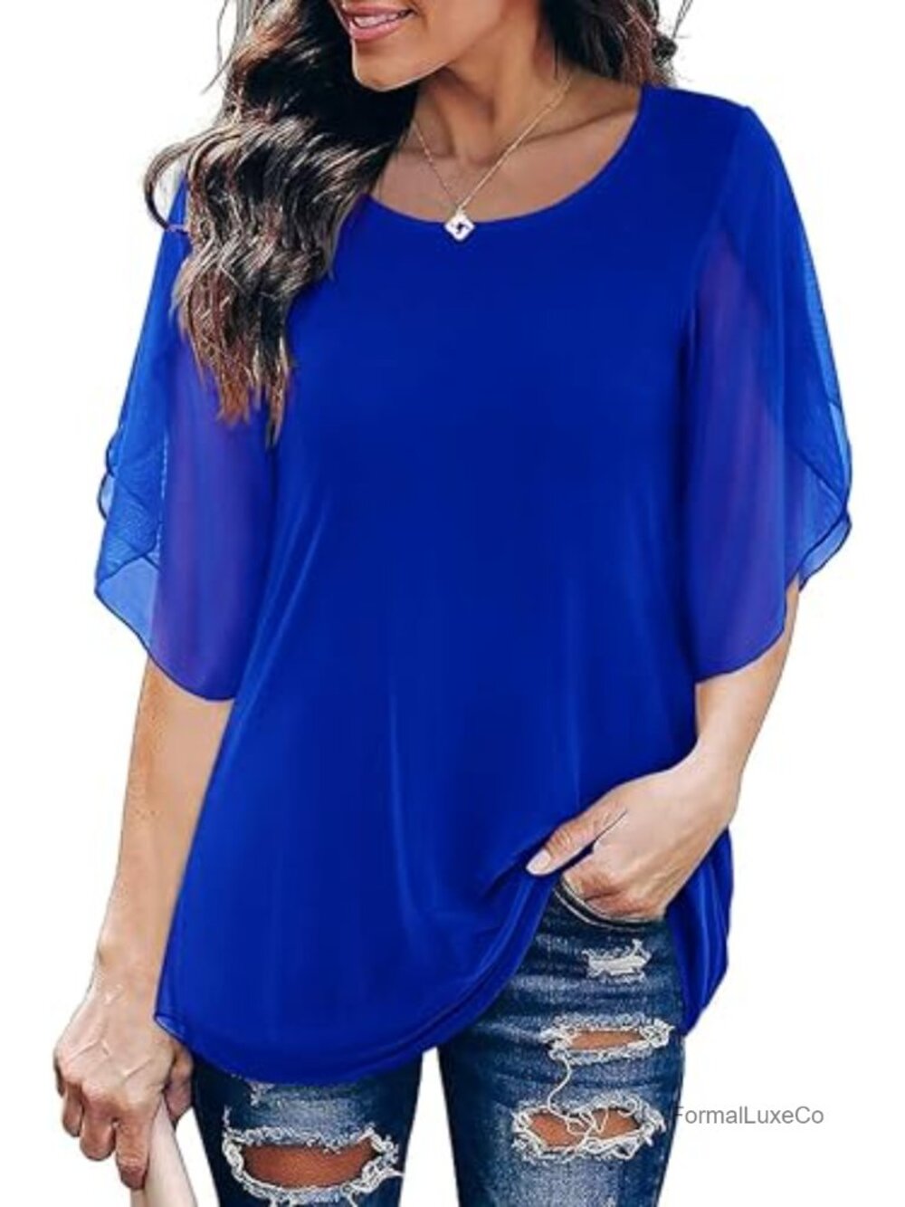 Chiffon Layered Tunic Top Flowy 3/4 Bell Sleeve Women's Blouse